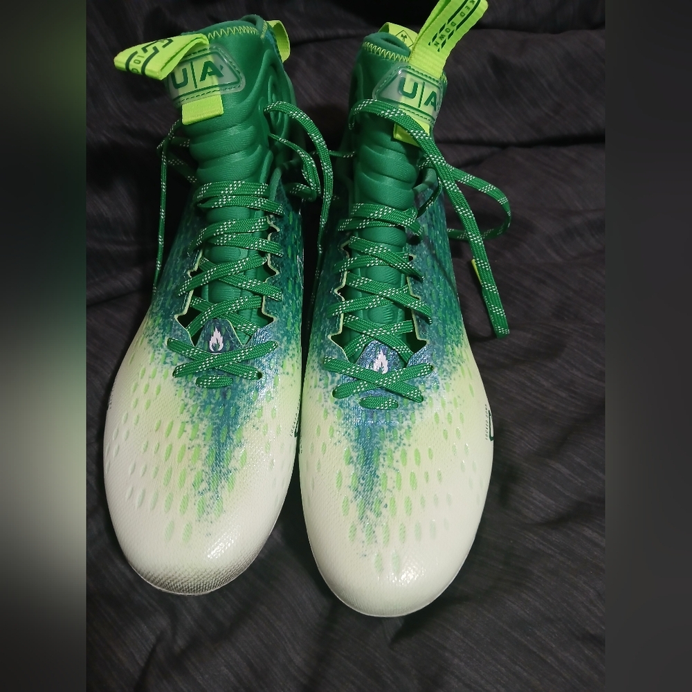 Green and White Under Armor Football Cleats